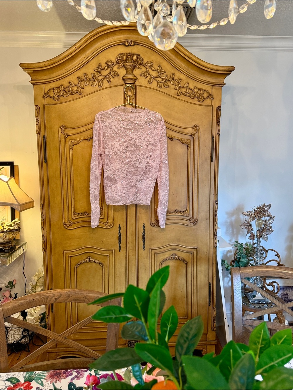Pink Floral Lace Sequins Long-Sleeve Top